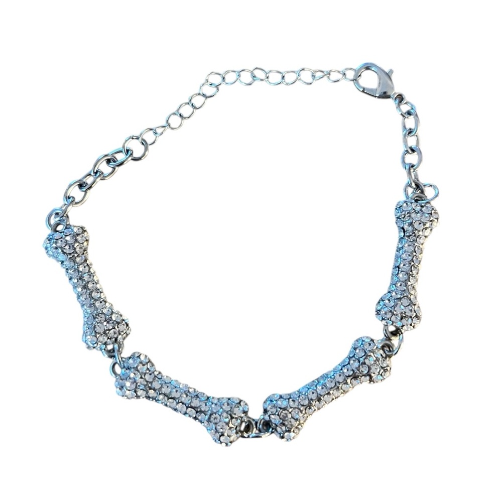 Faux Diamond Dog Bone 10.5” Silver Plated Bracelet